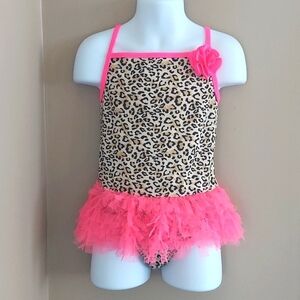 Flapdoodles 2 pc leopard print tankini swimsuit with hot pink  ruffles - size 6